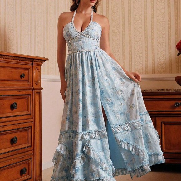 Dresses & Skirts - Elegant Blue Women's Floral Embroidered Maxi Dress